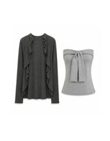 [2PCS] Elly Ruffle Bolero Tie-Detail Tube Top Set Chacoal Grey