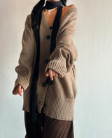 4-BUTTON V-NECK BOXY OVERSIZED LOOSE KNIT BROWN KITSCH AUTUMN THICK CARDIGAN (SCARF SET X)