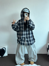 M-3XL✨オーバーフィットボクシーチェックスカート🖤🩶💙✨4カラー