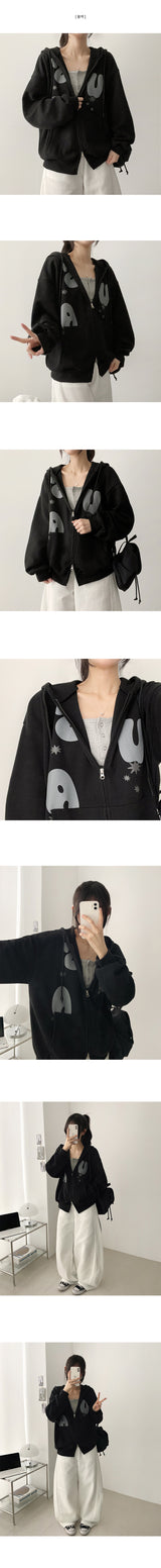 Momo Alphabet Printed Two-Way Oversized Fit Hooded Zip-Up