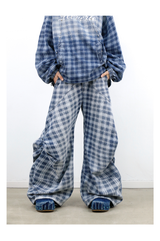 RELABEL (Gemeng) Flower Bud Balloon Check Print Draped Loose-Fit Crinkled Gradient Washed Denim Trousers