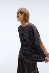 Sound wave artwork damage washing T-shirt (Charcoal)