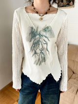 ワンショルダーVネックストライププリンティド長袖Tシャツ
