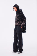 FLOCKED LIGHT HAND-BRUSHED FADED DISTRESSED COLOR-TOOTH ZIPPER HEM STRAIGHT-LEG JEANS