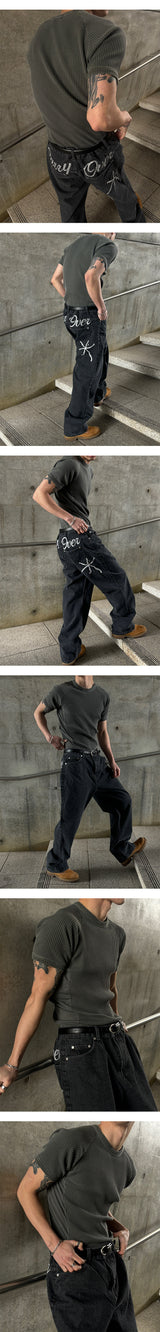 [Unisex] ハンドリングステッチワイドデニムパンツ(3color)