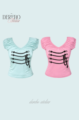 Rope Mint Shirring Off-Shoulder Short Sleeve T-Shirt