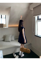 Navy Round Square Flared Dress