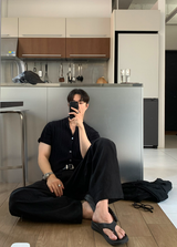 No-Mace Back Banding Two-Tuck Linen Wide Pants