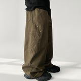 Leejing Waistband Layered Pocket Rivet Cotton Wide Pants (4 colors)