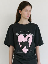ハートキャットフレンズルーズフィットTシャツ チャコール