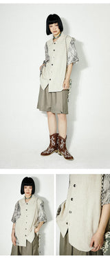 Retro cotton and linen patchwork short-sleeved shirt, summer casual loose fit blouse