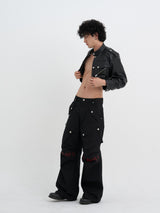 Leather Crop Cargo Jacket (Black)