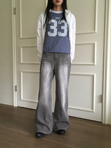 Watton バックカットウォッシュドグレーロングワイドデニムパンツ