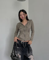 Caro Derring Strap Shirring Hooded Zip-Up