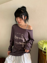 Gauss Loose Fit Printing Off-Shoulder Long Sleeve Tee