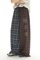 Retro elastic waistband comfortable casual and laid-back color-blocked straight-leg checkered pants