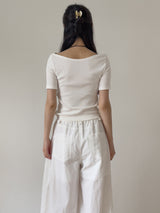 Boatneck Ribbed Elbow Length T-Shirt