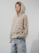 (UNISEX) メッシュストライプクロップドジップアップニット