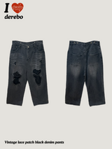 Vintage lace patch black denim pants