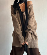 4-BUTTON V-NECK BOXY OVERSIZED LOOSE KNIT BROWN KITSCH AUTUMN THICK CARDIGAN (SCARF SET X)