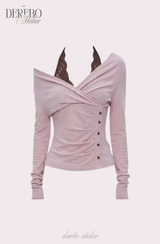 Rosé Lace Halter Neck Long Sleeve T-Shirt