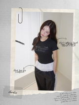 ブラックレタリングビーズレースフリル半袖Tシャツ