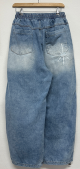 KOREAN / KEYRING / STRING 🩵 FRONT SLIT BALLOON JOGGER DENIM WIDE LONG PANTS 🩵🖤 - 2 COLORS