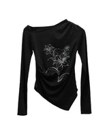 インクペインティングフラワーワンショルダーオフTシャツ