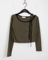 Seble one-shoulder unbalance strap striped long-sleeved T-shirt