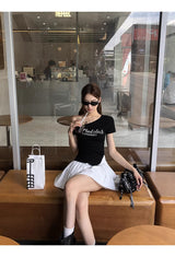 アンバランスオフショルダーパールビーズレイヤードTシャツ
