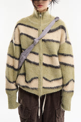 Wavy color block wool zip-up knit