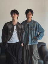 モータリックカットアウトパッチバイカーデニムジャケット