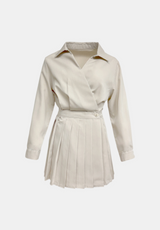 Wrap Collar Pleats Mini Dress