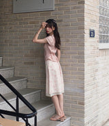from cream floral chiffon midi sk