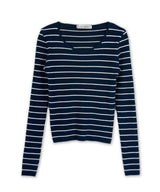 ROUND NECK STRIPED RIBBED KNIT_NAVY