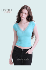 Mood Lace V Mint Short-Sleeved Top