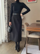 Cre wool pin tuck H-line slit long skirt (belt set)
