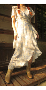 French flower shirring wrap dress