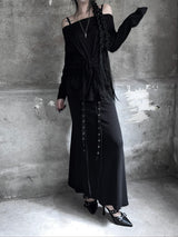 eyelet strap folding long skirt