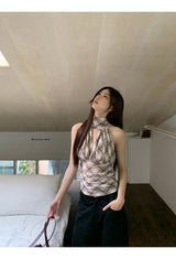 chiffon checkered halter neck sleeveless blouse top