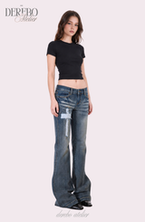 Cross-washed long semi-bootcut denim