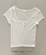 Somi Round Neck / U-Neck Button Cap Sleeve Short Sleeve T-Shirt (3 Colors)