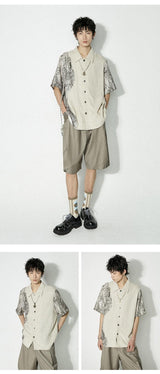 Retro cotton and linen patchwork short-sleeved shirt, summer casual loose fit blouse