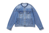 Collarless Biker Denim Jacket (Blue)