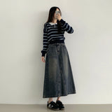 Coloring Hem Banding Stripe Long-Sleeved Knitwear
