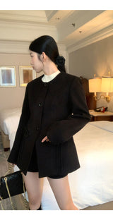 Black round wool no collar jacket
