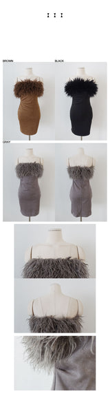 BOUCLE FUR TUBE TOP MINI DRESS (BROWN)
