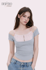 クレア ピンク レイヤード ショートスリーブTシャツ