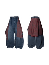 RELABEL Spatial Relationship (R) Multi-coloured Checkered Stripes Detachable Diaper Cover Curved Knife Oversized Washed Distressed Denim Trousers