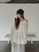 アロアダメージボートネックオーバーサイズニット